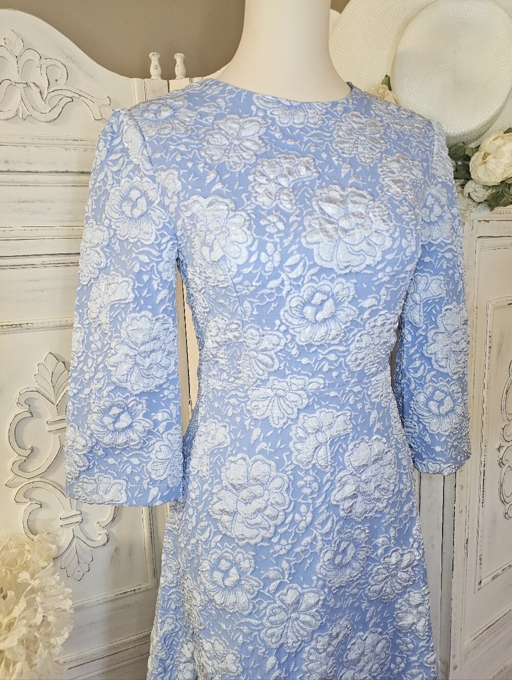 Fehaute Light Blue Floral Jacquard Vintage Inspired Midi A-Line Cocktail Dress - Picture 4 of 8